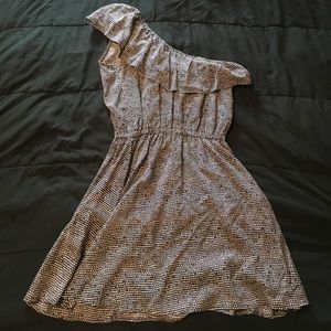 One shoulder ruffle navy and white dress