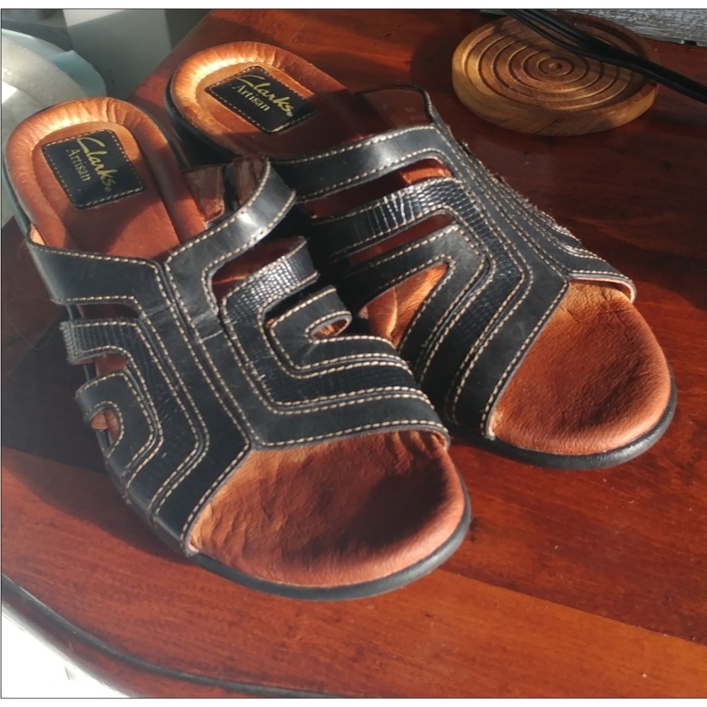 Black leather low wedge