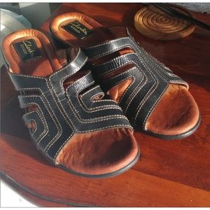 Black leather low wedge