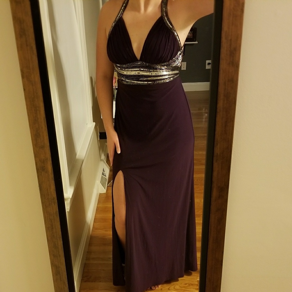 Long deep plum open back dress