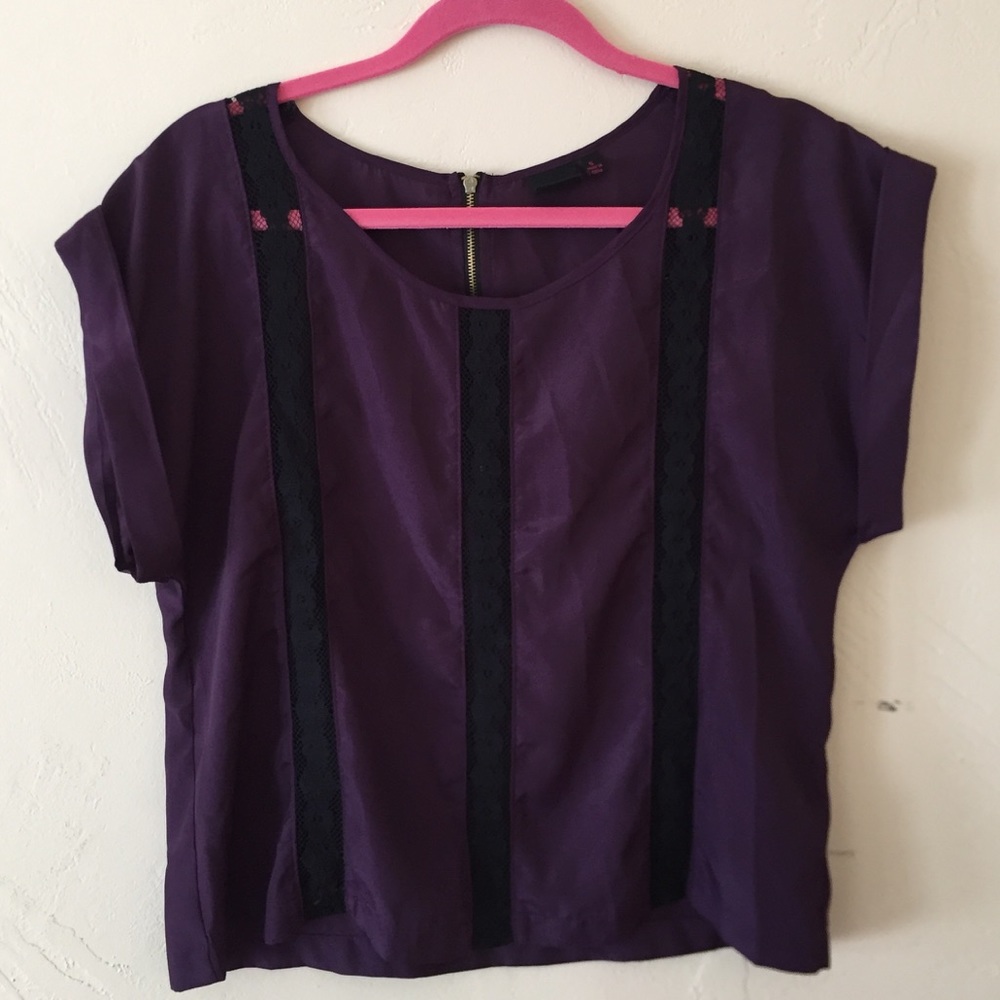 Deep purple satin top with black lace details