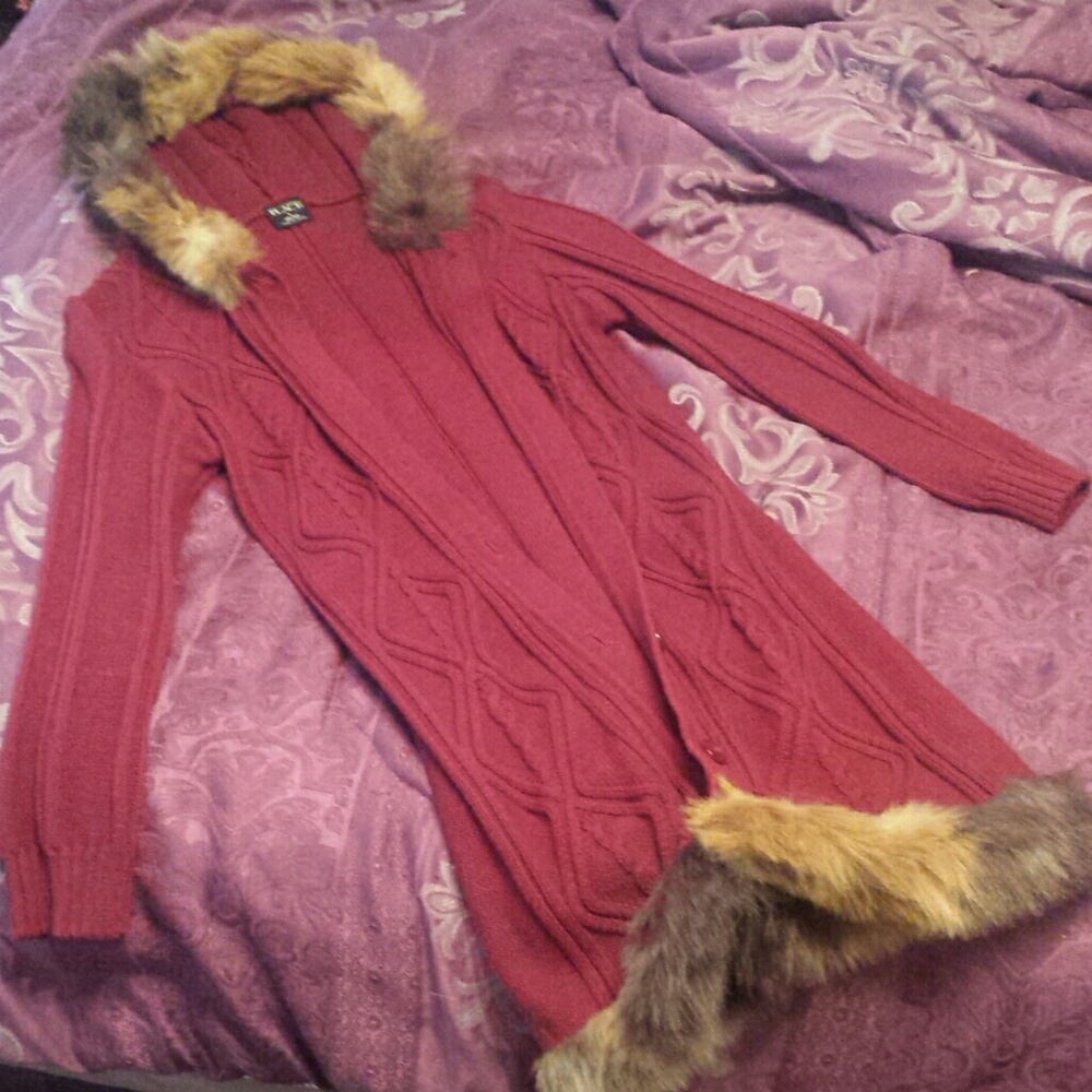 Fur-lined burgundy cardigan