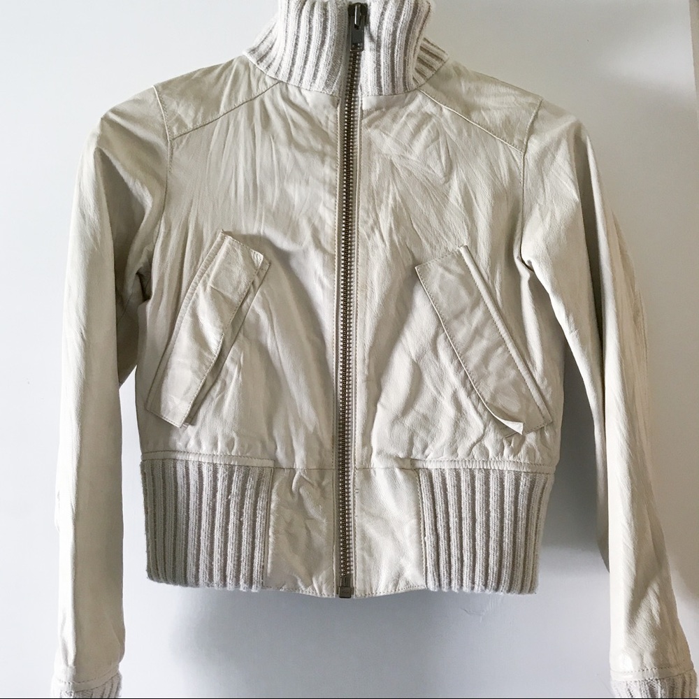 Cream Bomber Style Leather Jacket w/Knit Details