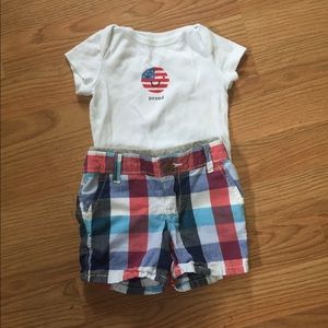 "Proud" onesie & plaid shorts 6/12M