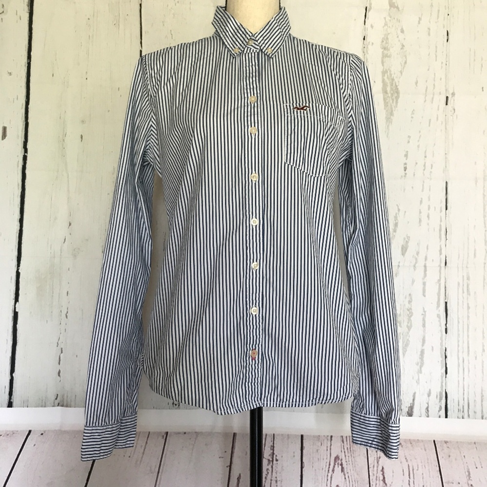 Hollister Shirts White Blue Vertical Striped Sz L