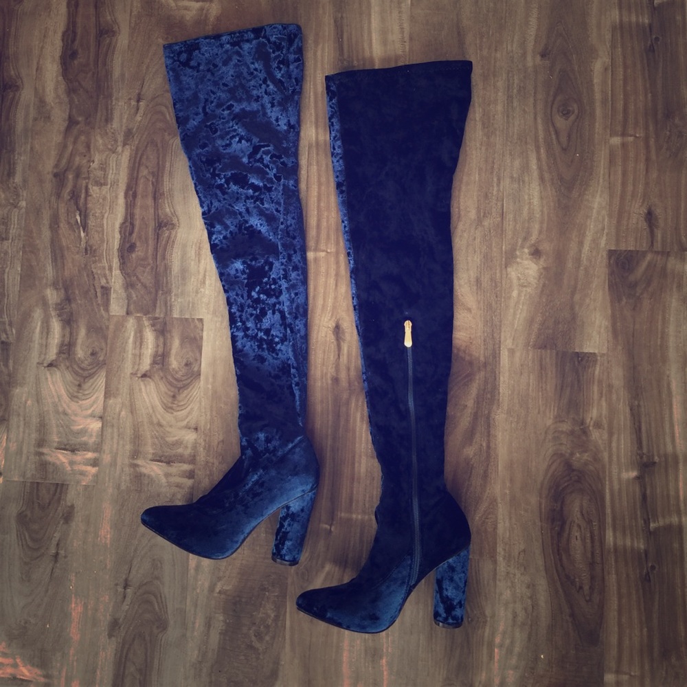 Over the Knee Velvet Blue Boots