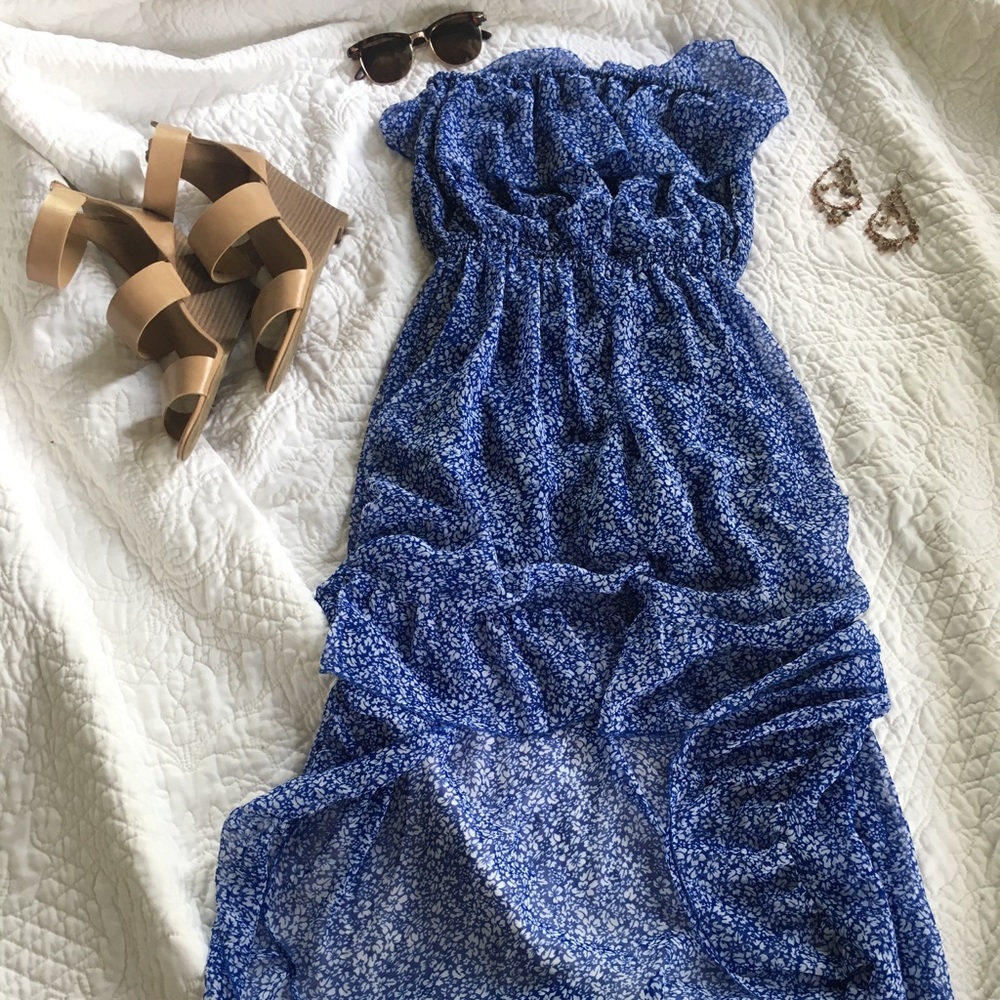 Blue &white strapless, flowing, high to low dress