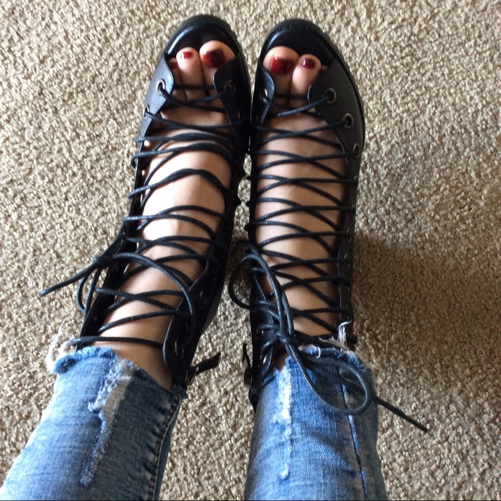 Black lace up sandal booties