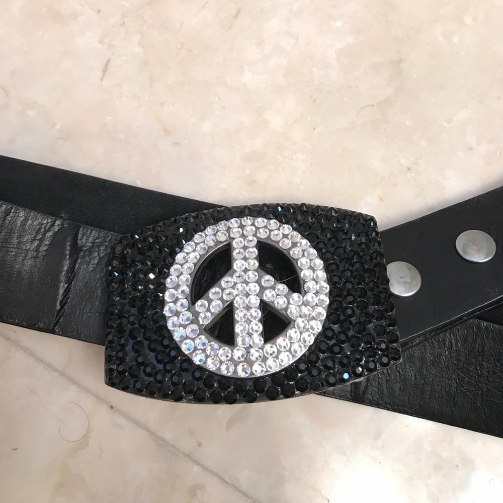 Black leather belt with crystals