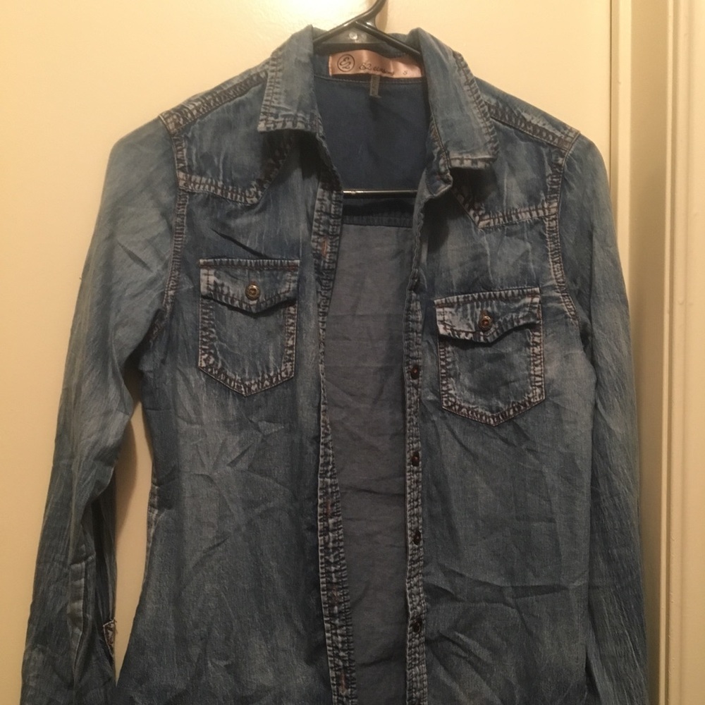 Distressed chambray button up