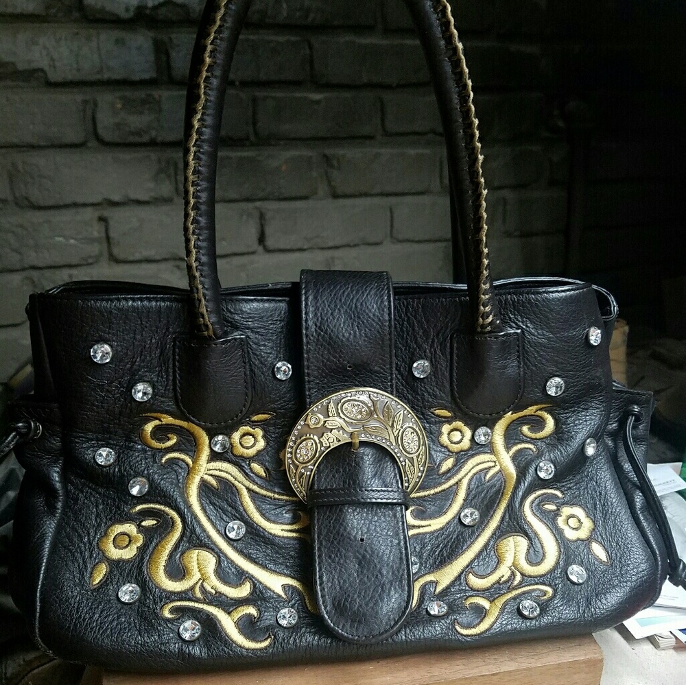 Genuine FALCHI leather Dark brown w gold floral