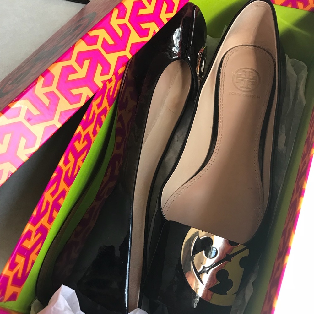 Tory Burch Black Square Toe Logo Flats