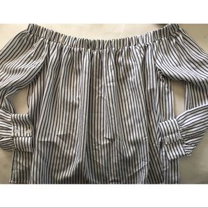 Trendy white and blue pinstripe off shoulder top