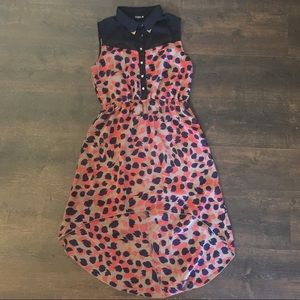 Collared tan hi-lo dress with orange and blue