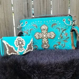 Fashion Shoulder Bag W/Cross Bling & Wallet