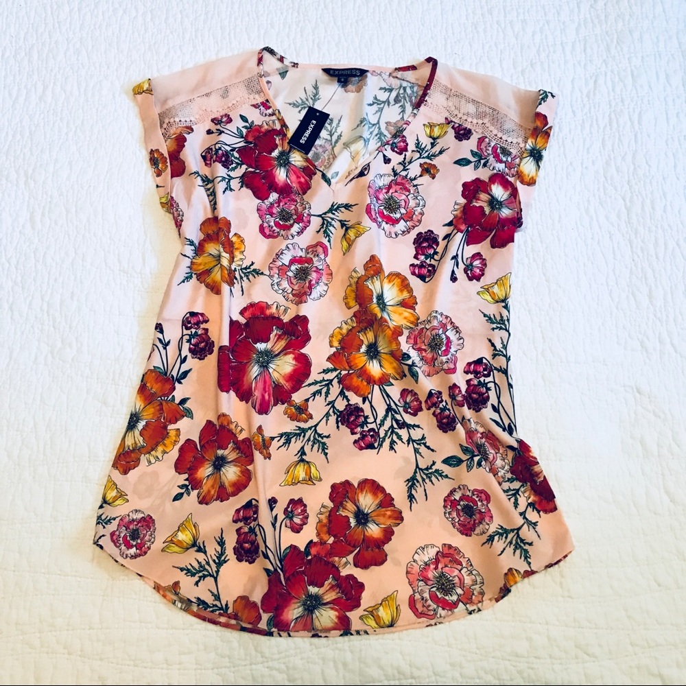 NWT Floral Express Blouse with Lace Shoulders