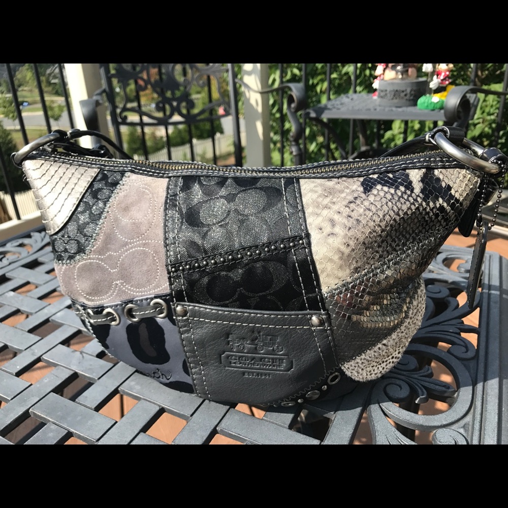 Coach Black Silver Gray Patchwork Hobo Shoulderbag
