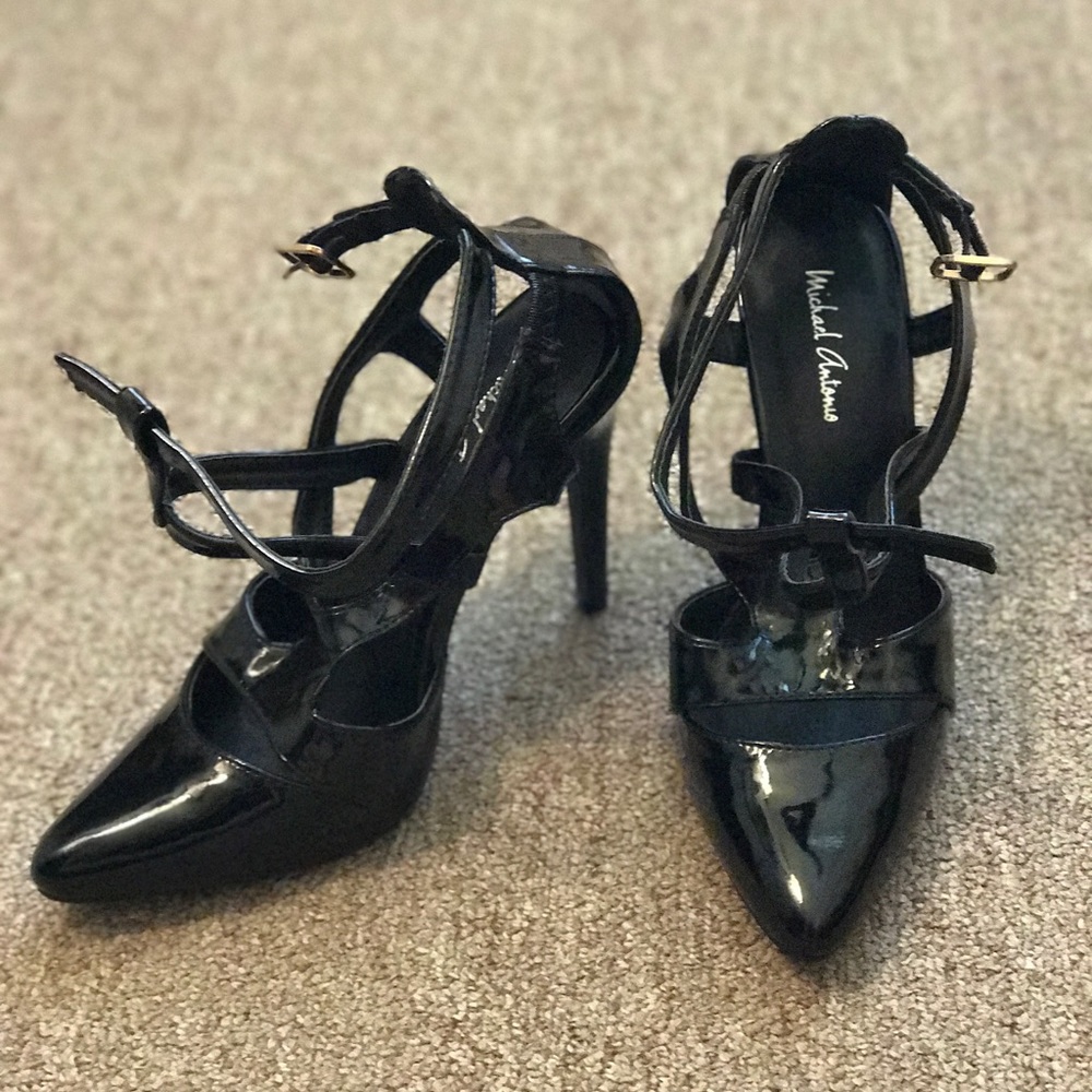 black leather pointed toe ankle strap pumps