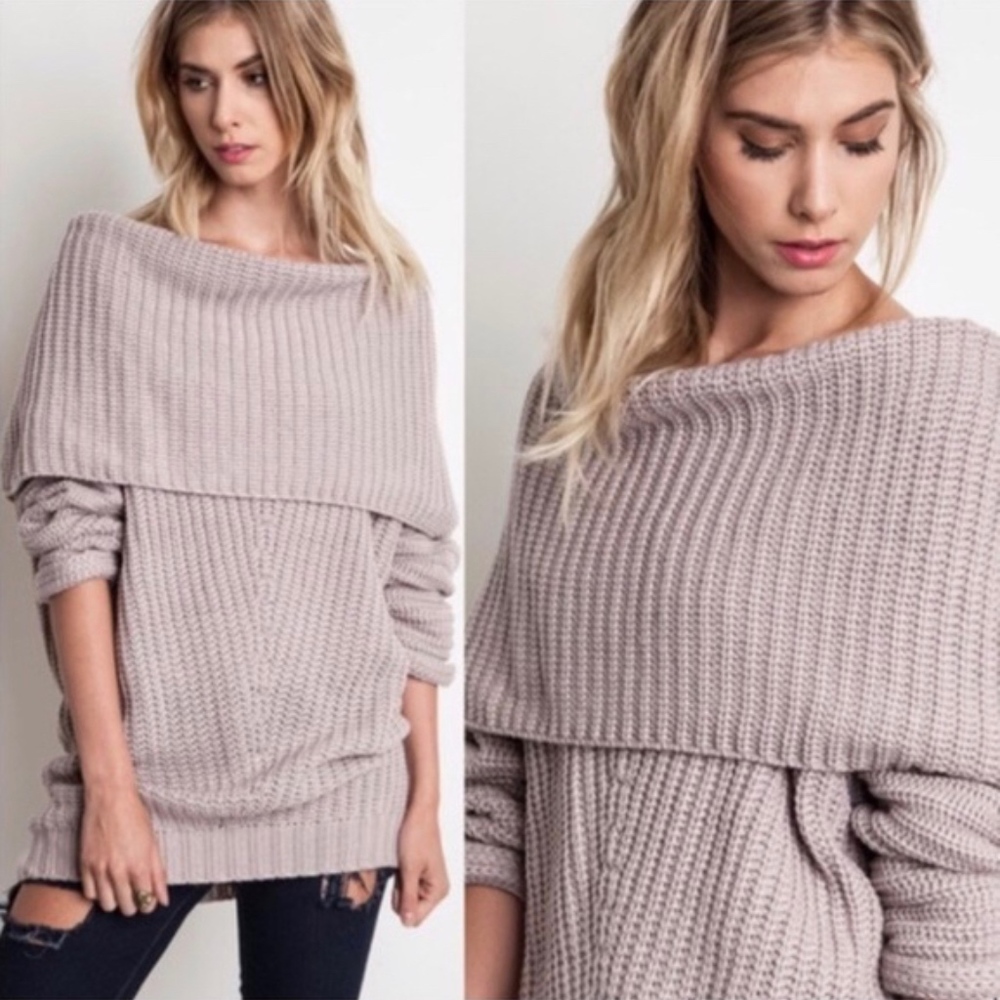 Mauve Chunky Fold Over Sweater - Picture 2 of 5