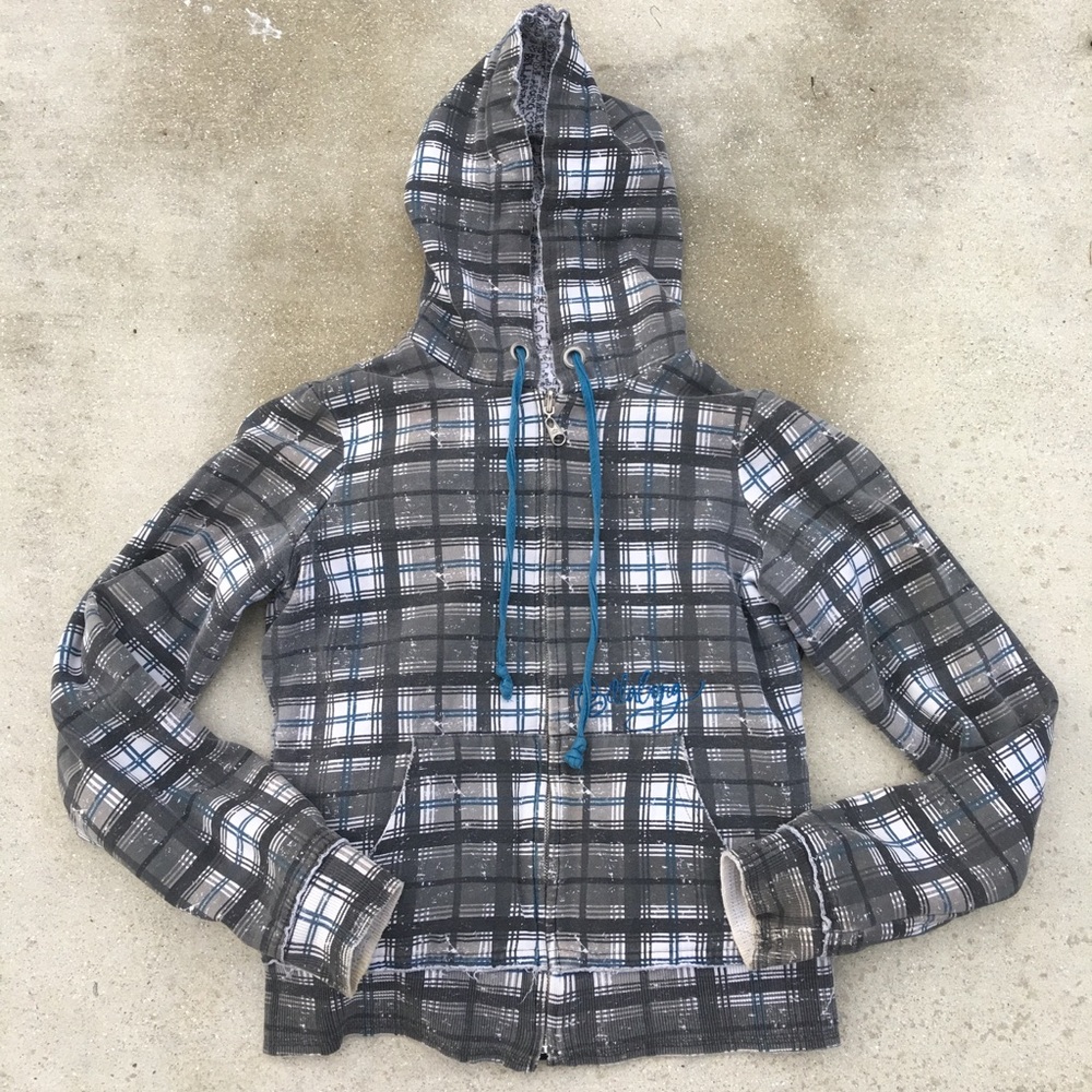 Billabong Plaid Gray Blue White Reversible Hoodie