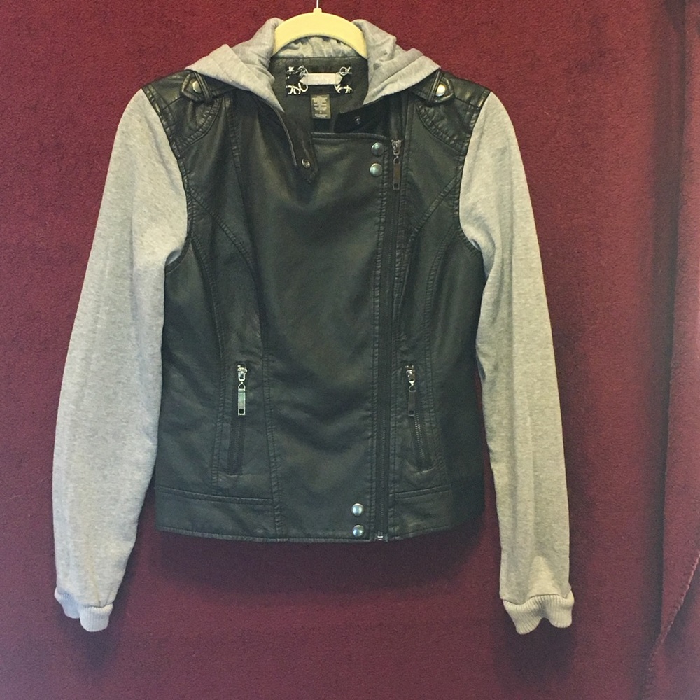 Faux leather shell with sweatshirt hood/arms