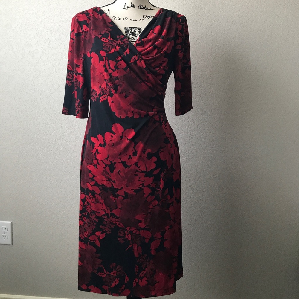 Drape neck rose print dress