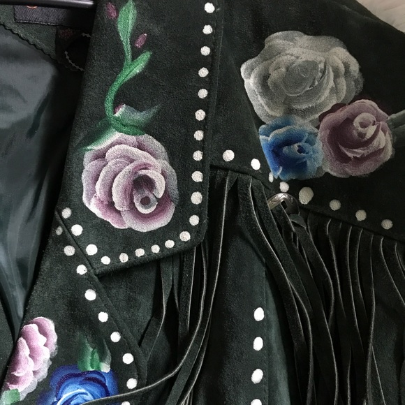 Emerald leather jacket with hand painted flowers - Picture 2 of 2