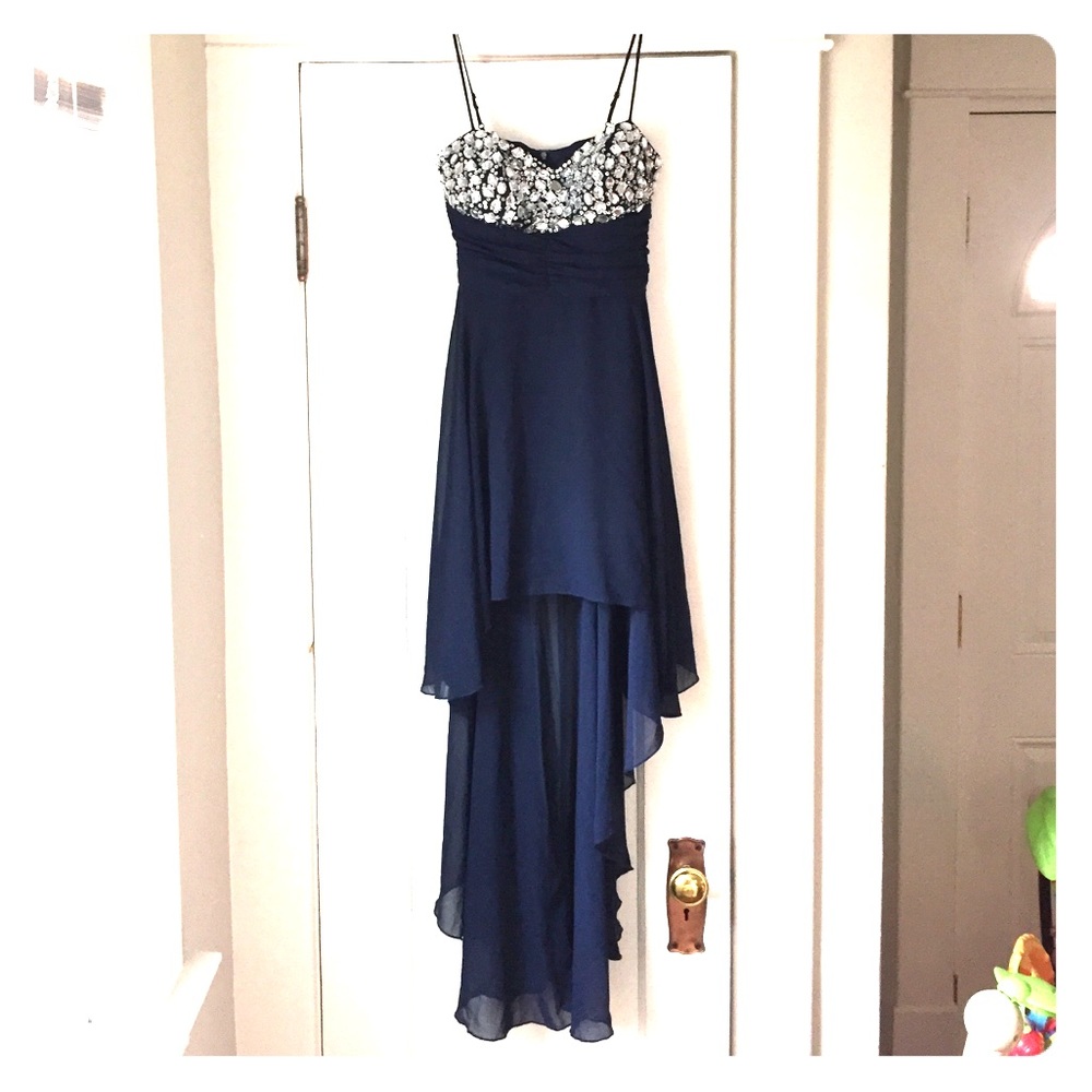 Hi low blue dress with beaded chest