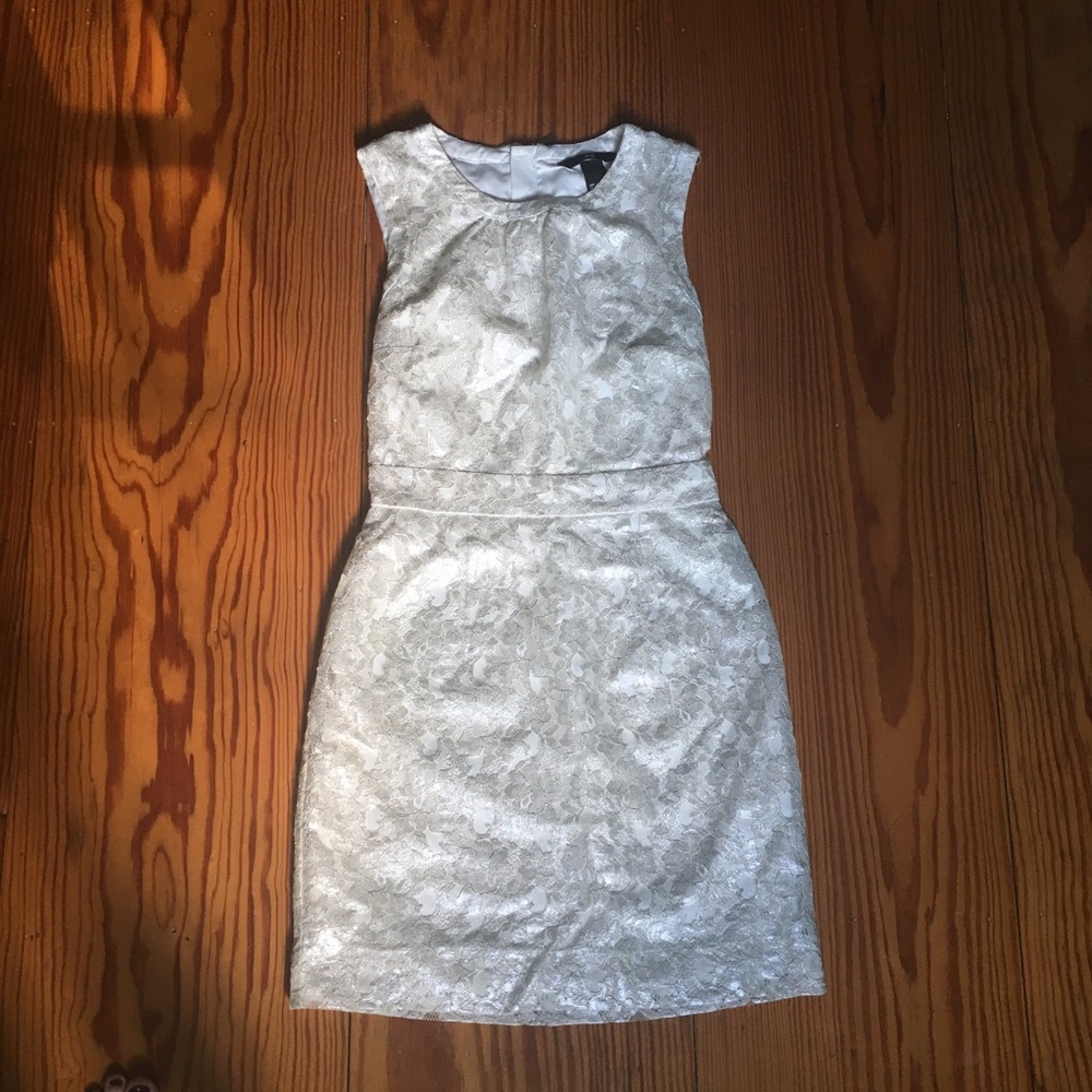 Silver metallic lace mini dress