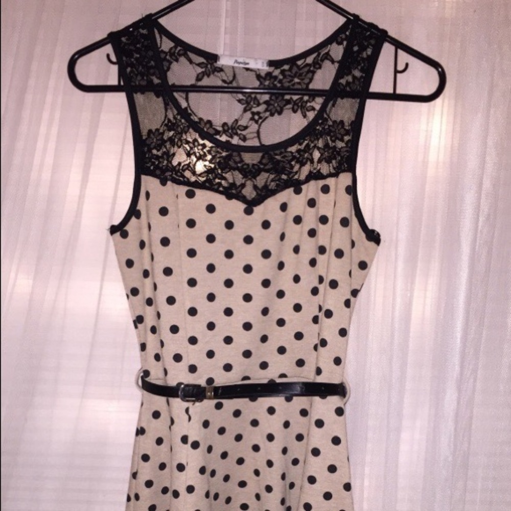Cute polka dots beige and black w lace dress