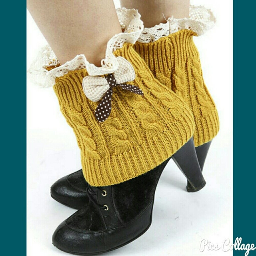 Mustard Cable-Knit Lace & Bow Knee/Ankle Boot Cuff