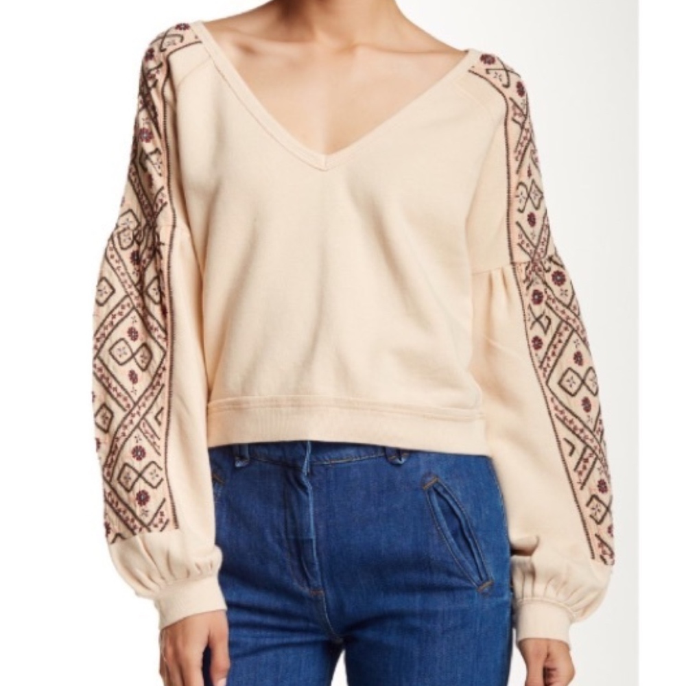 Free People Cropped Embroidered Sweatshirt