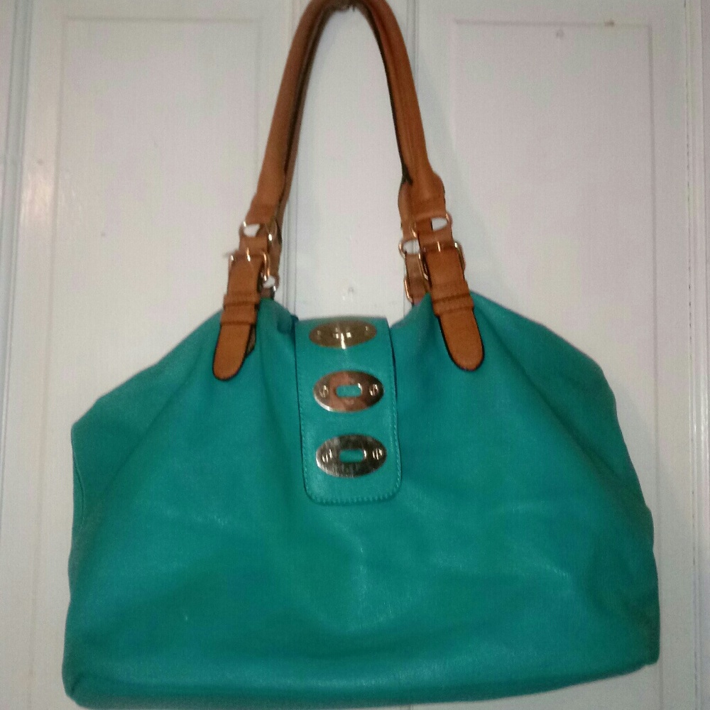 Pretty Leather Turquoise Purse with Tan Straps