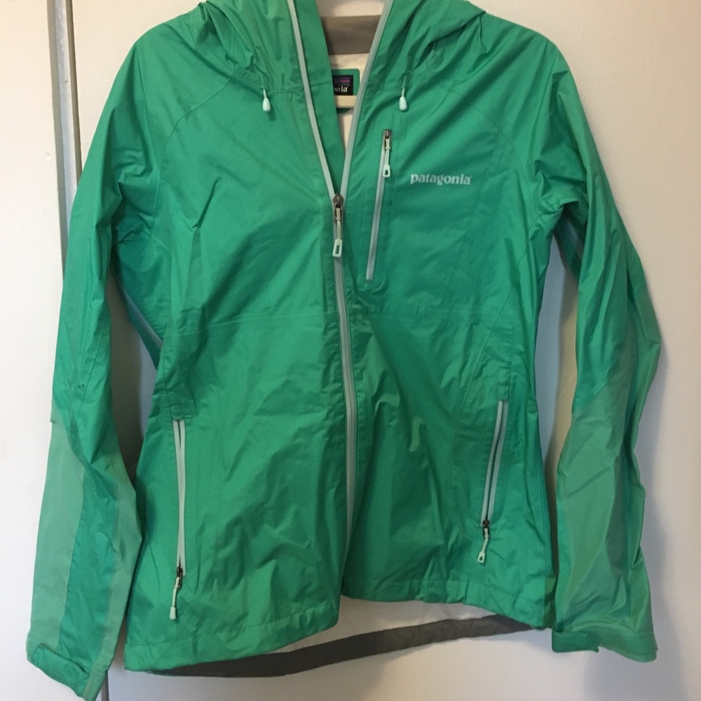 Green Patagonia rain jacket