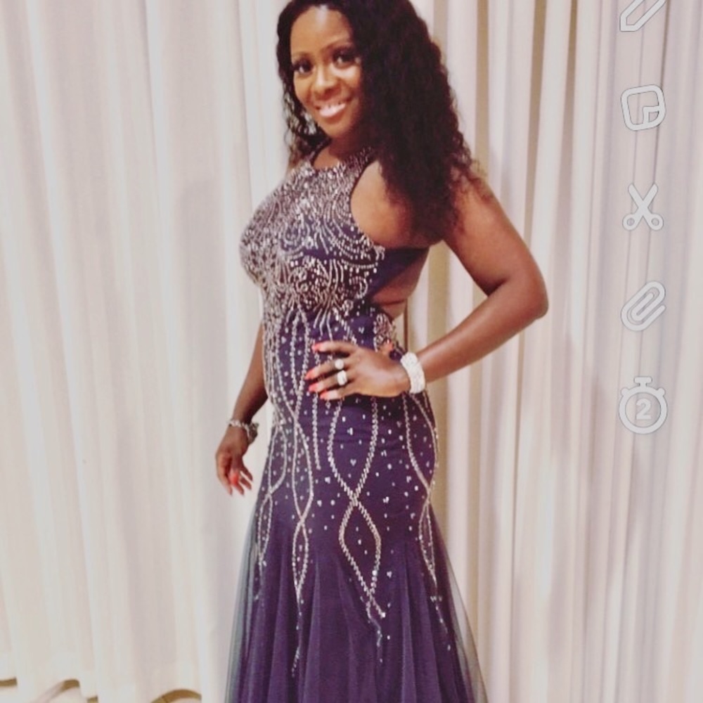 XSCAPE High Neck Beaded Mesh Gown with Open Back