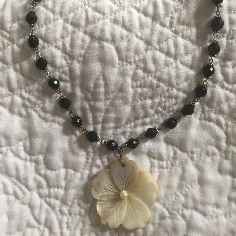 Black glass beaded necklace with flower