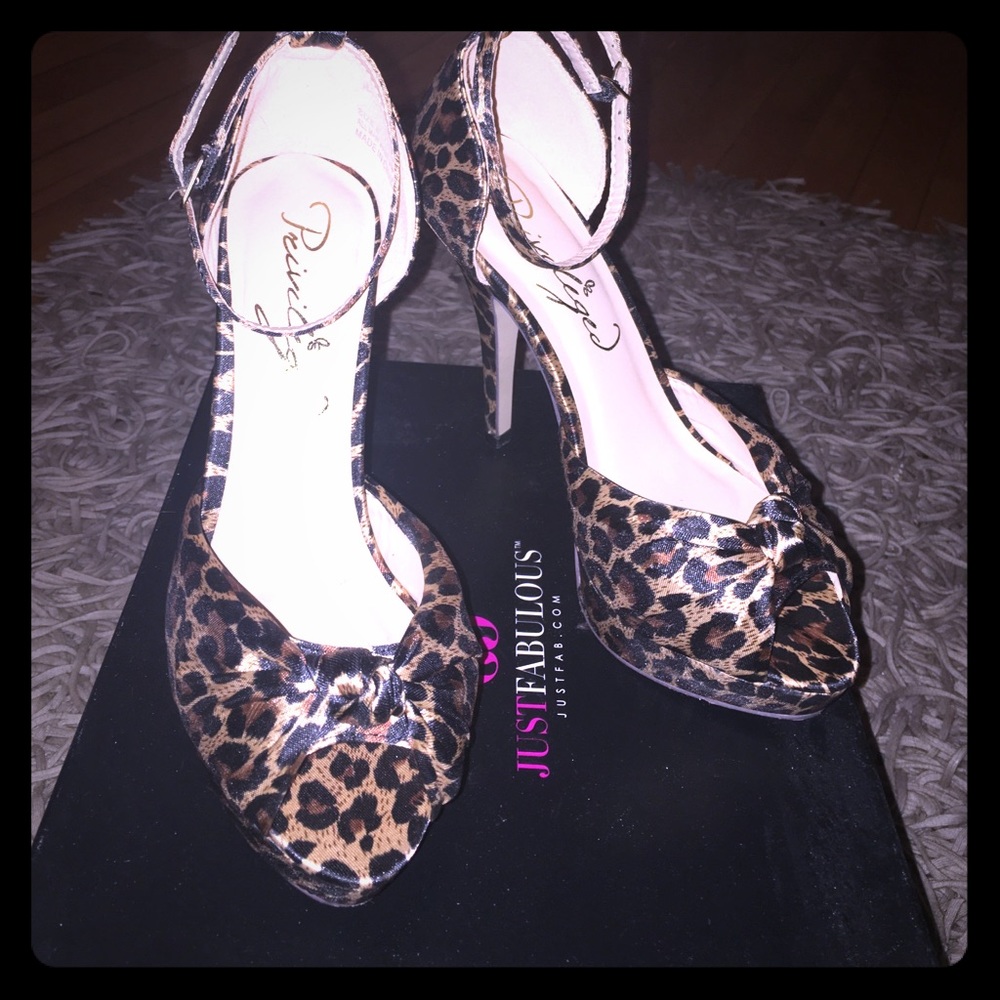 Leopard print platform ankle strap heels