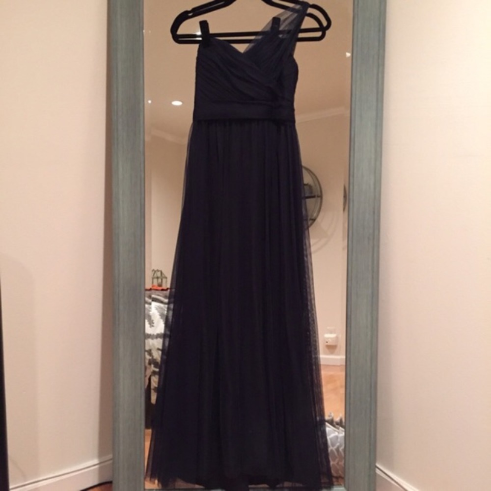 Amsale navy tulle one shouldered gown