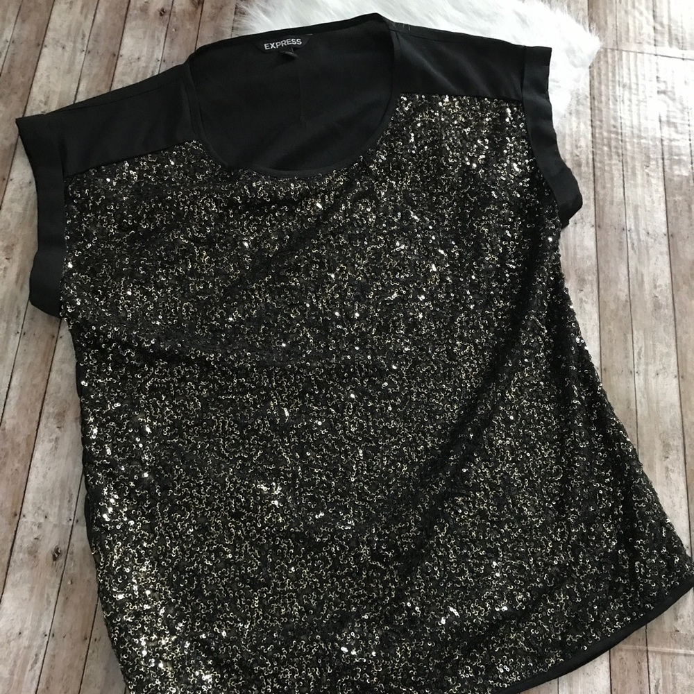 Express Black Gold Sequin Top Blouse