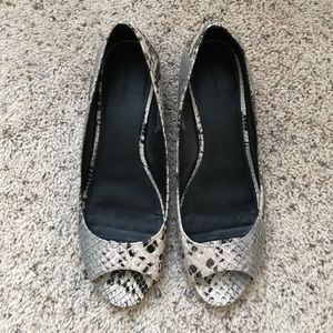 Snakeskin peep toe low heels