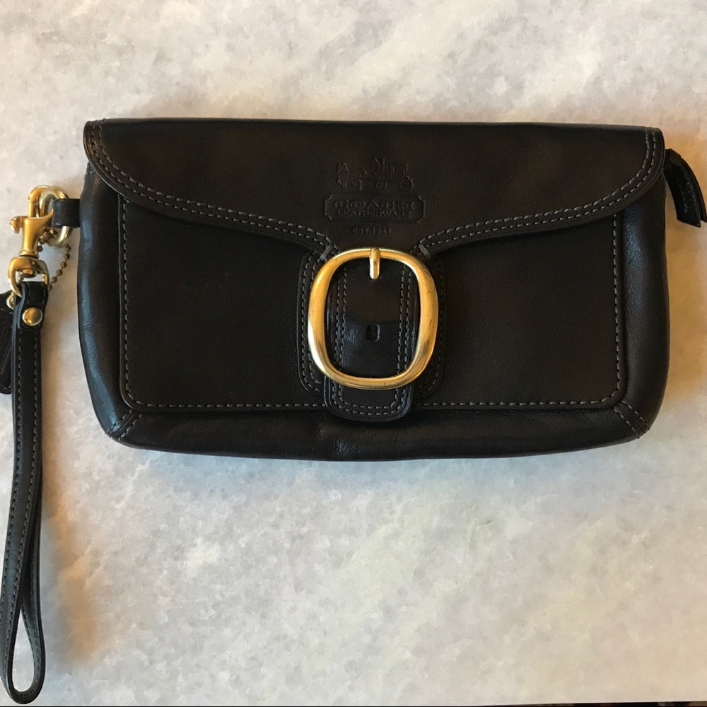 Black Leather Coach Wristlet w/ Gold Hardware