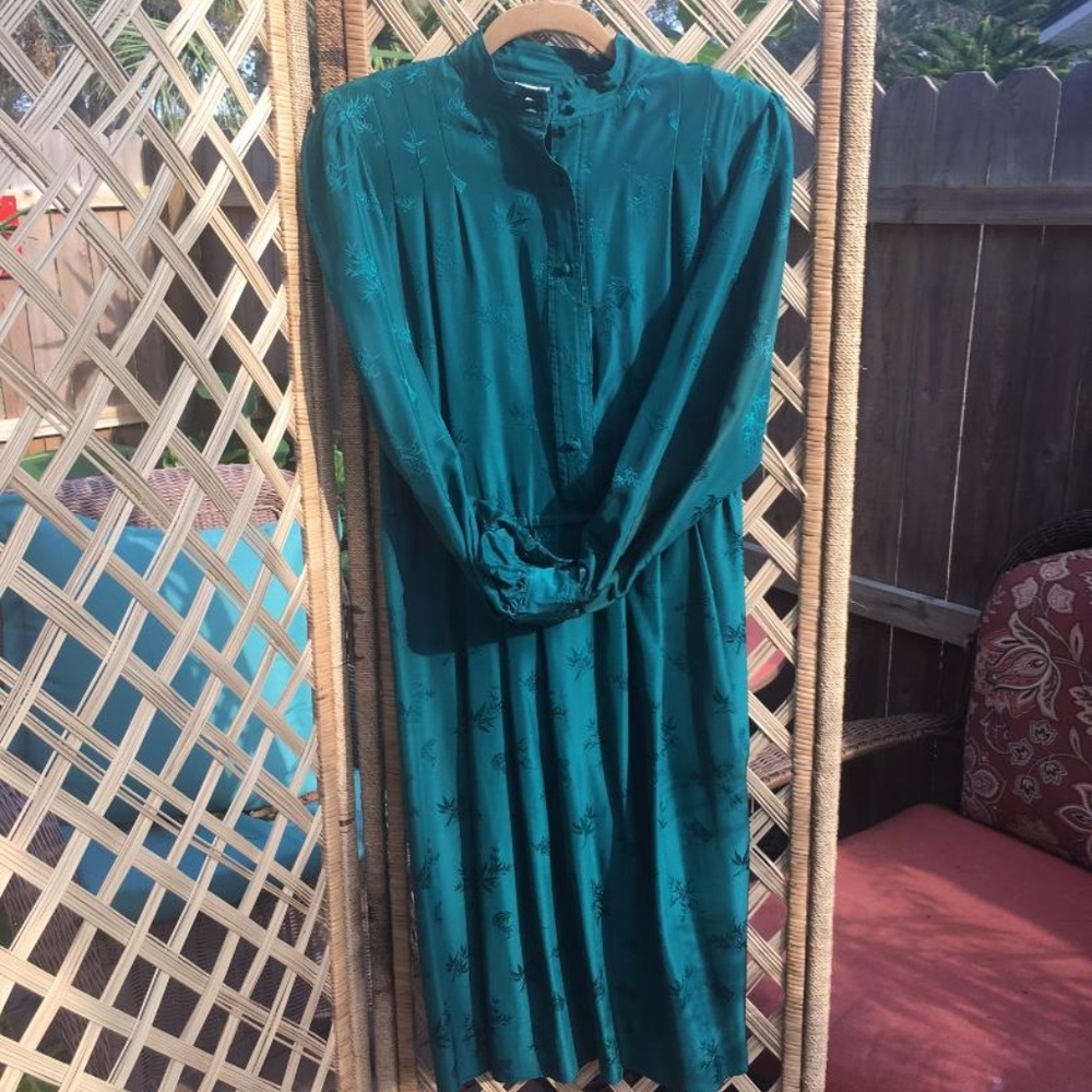 Vintage 80s Emerald Green Silk Party Dress