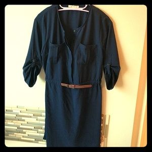 Navy dress with brown leather belt Navy dress with brown leather belt