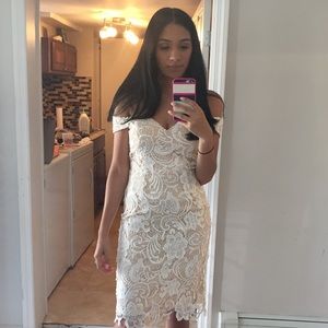 White/ nude lace off the shoulder dress