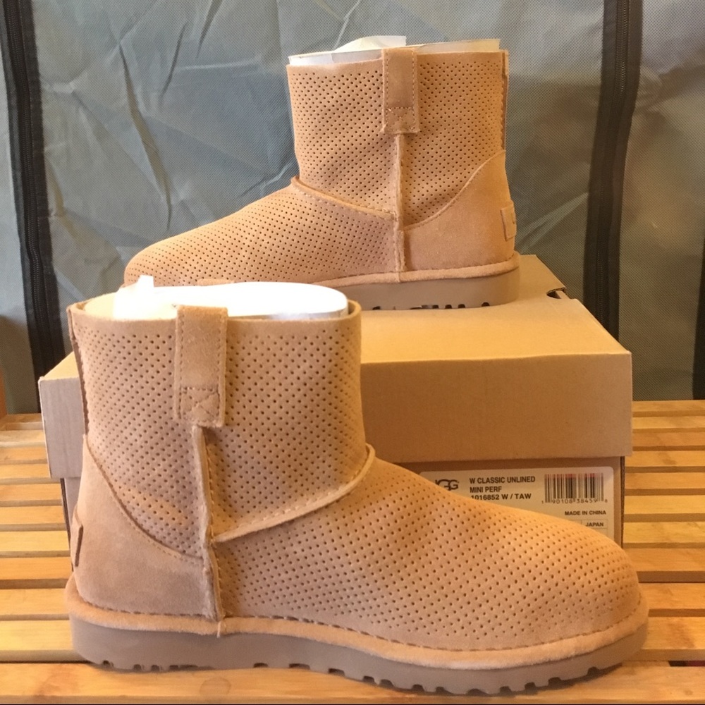 Classic Tawny Suede Unlined Perf Mini Ankle Boot