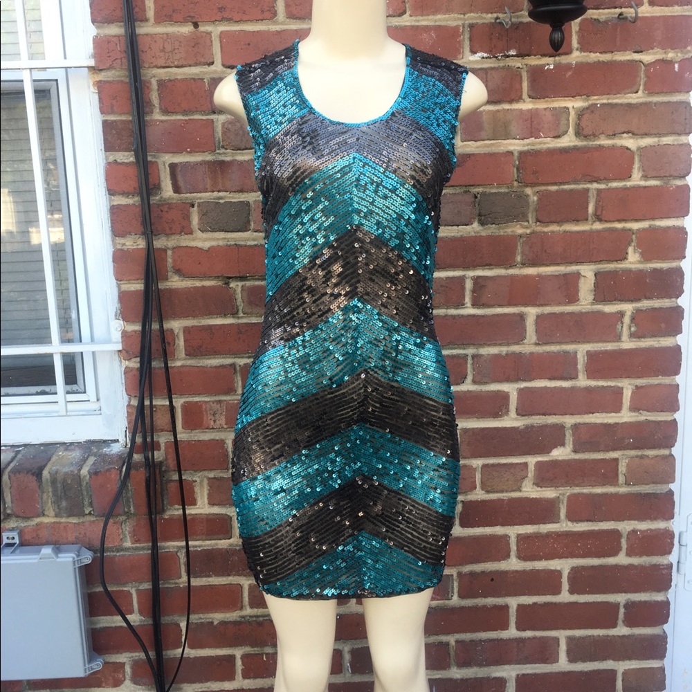 Brown and turquoise sequin dress