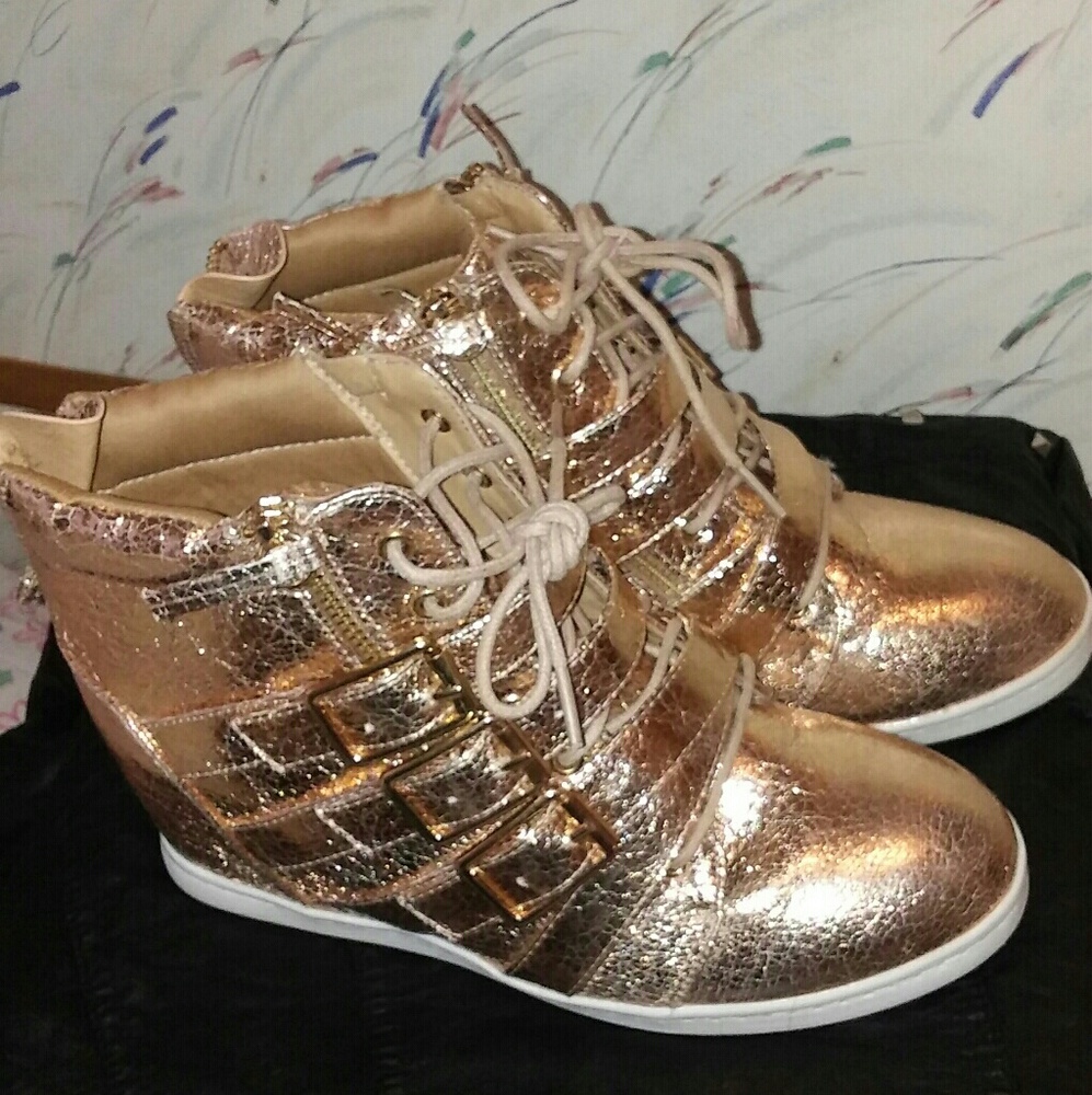 Metallic Rose Gold Buckle Sneaker Wedges