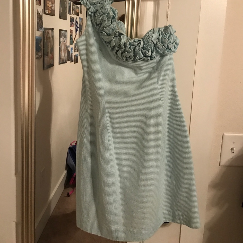 Seersucker one shoulder Lilly Pulitzer dress.