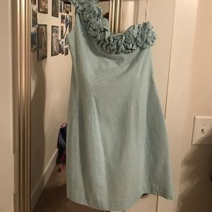 Seersucker one shoulder Lilly Pulitzer dress.