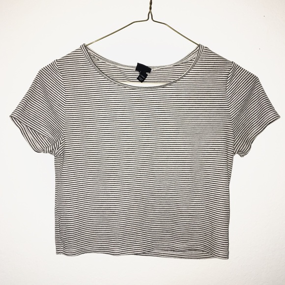 Tops - Ribbed Knit Crop Top Black & White Stripe